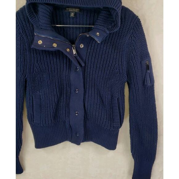 BANANA REPUBLIC Varo Ribbed Zip Crop Hooded Sweater Bomber XS Navy #509216-01 - Picture 6 of 13